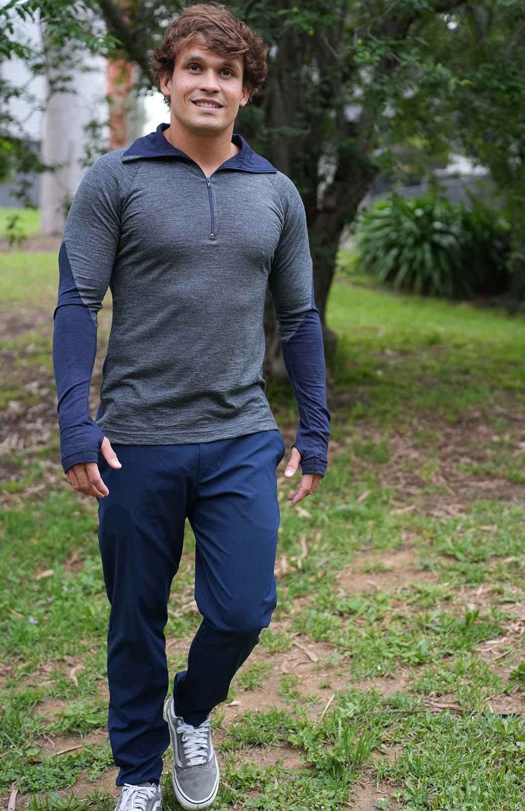 Charcoal Marl & Navy Blue Men's Merino Wool Zip Neck Top