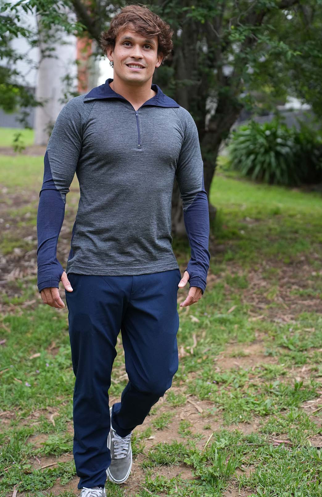 Charcoal Marl & Navy Blue Men&#39;s Merino Wool Zip Neck Top
