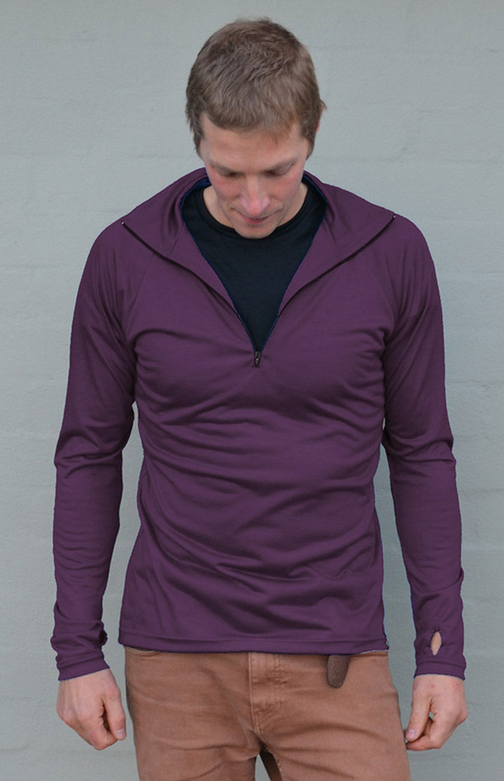 Mulberry Purple Unisex Merino Wool Zip Neck Top