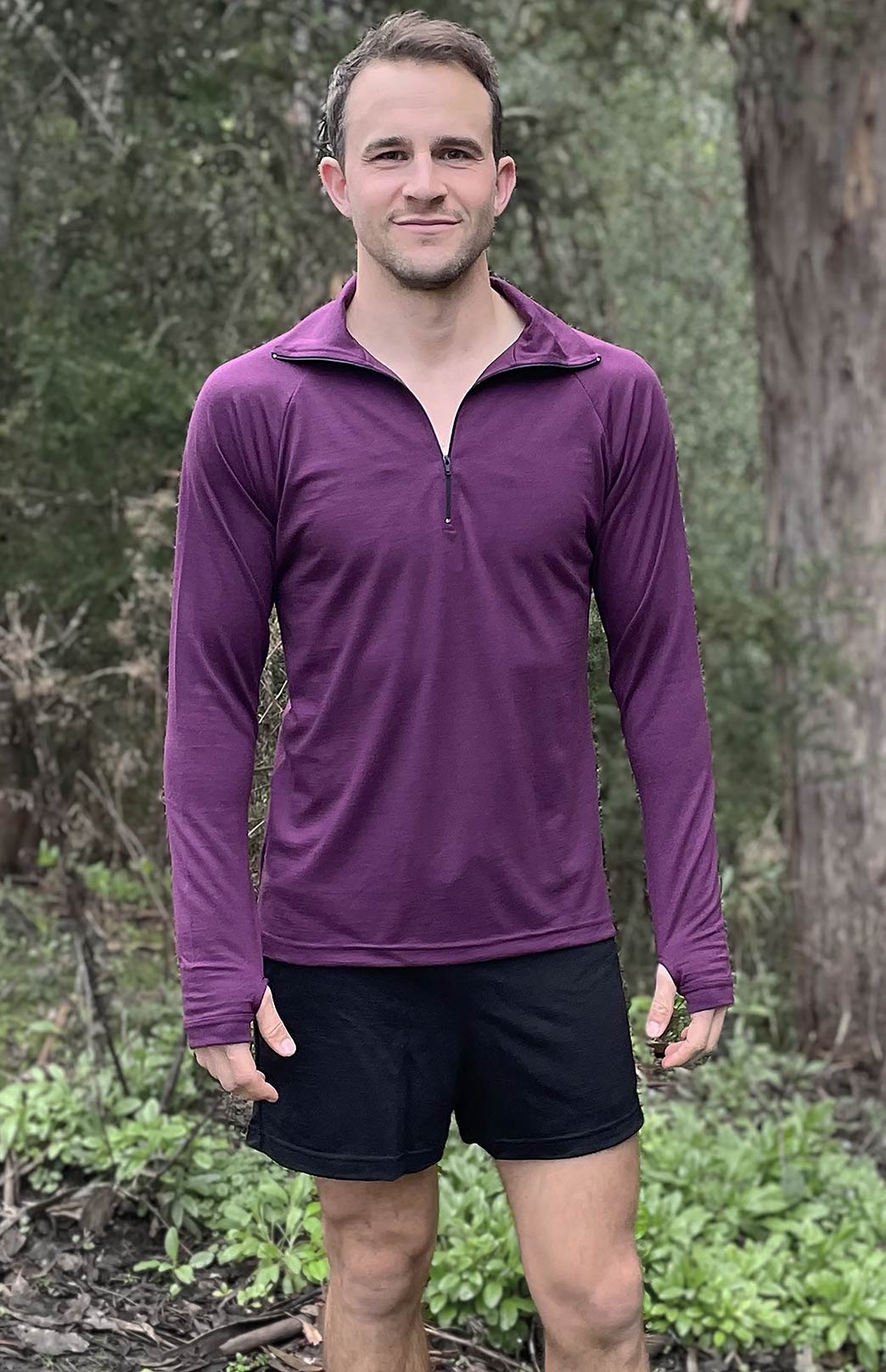 Aubergine Purple Men's Merino Wool Zip Neck Top