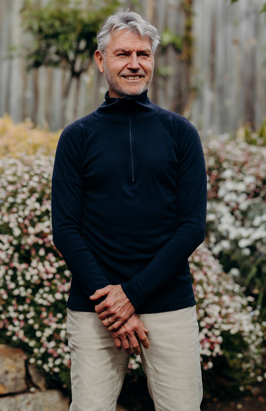 Navy Blue Men's Merino Wool Zip Neck Top