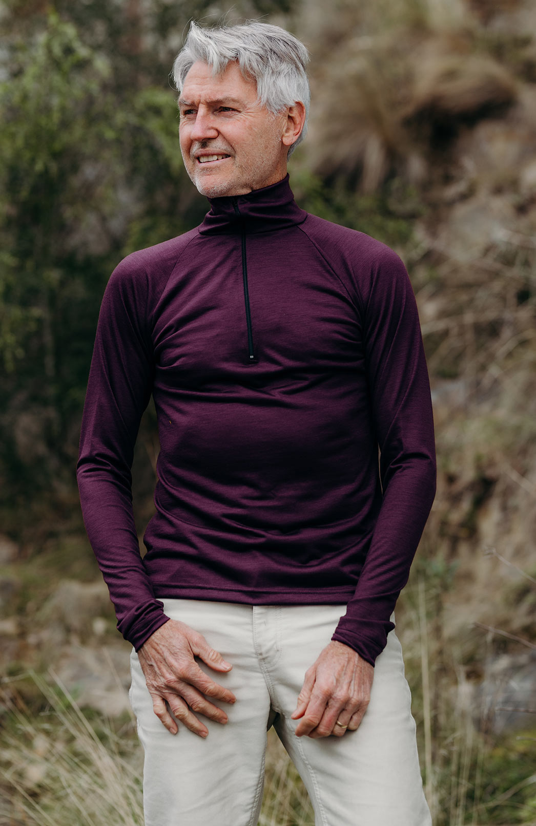 Aubergine Purple  Men's Merino Wool Zip Neck Top
