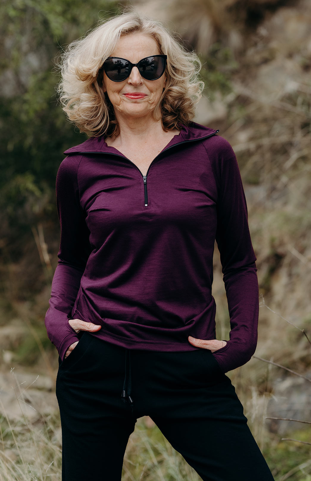 Burgundy Women's Merino Wool Zip Neck Top