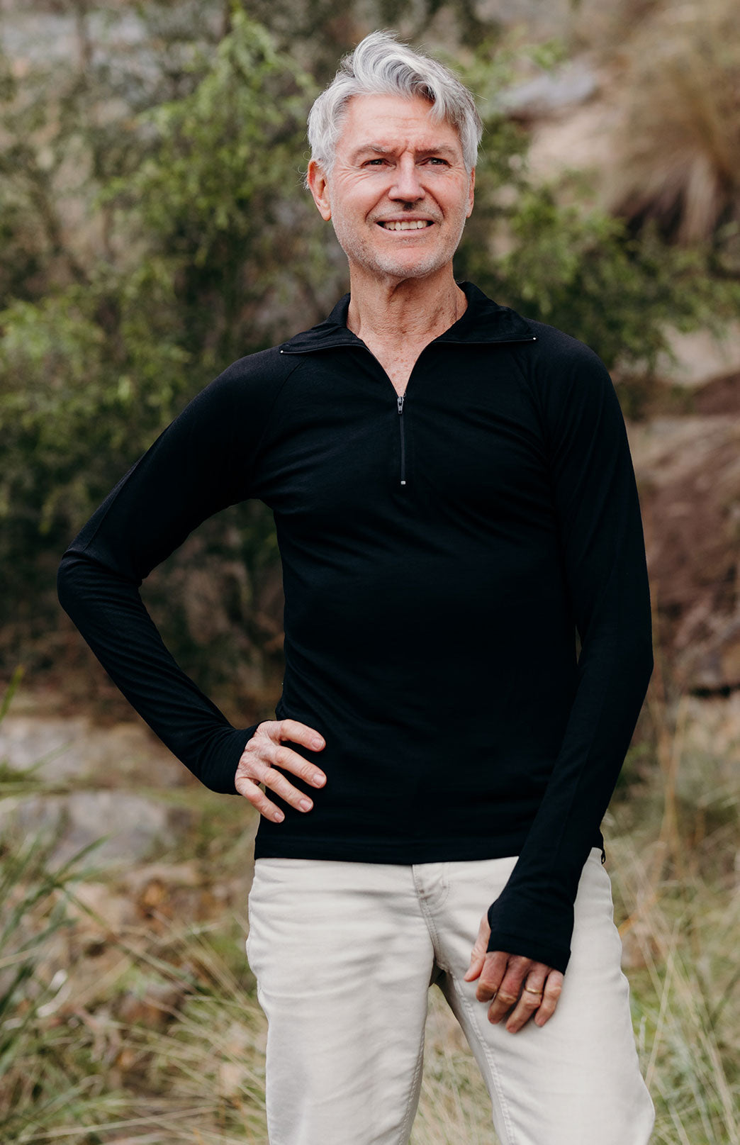 Black Men's Merino Wool Zip Neck Top