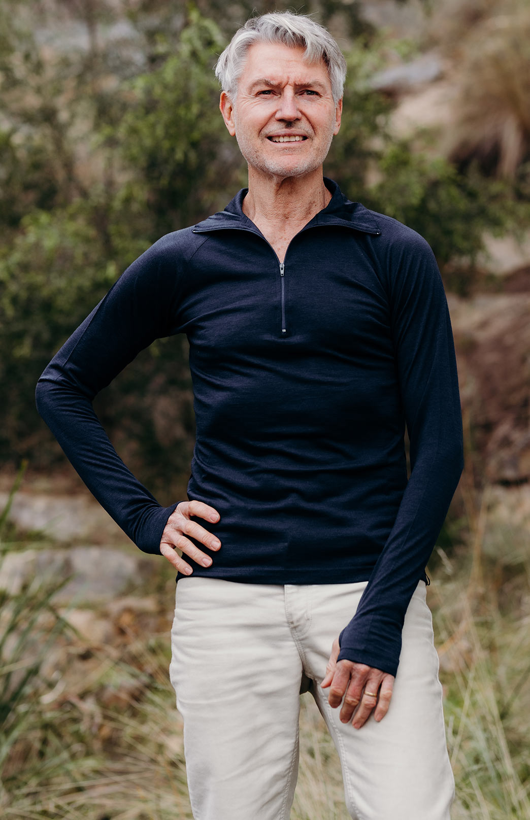 Navy Blue Men's Merino Wool Zip Neck Top