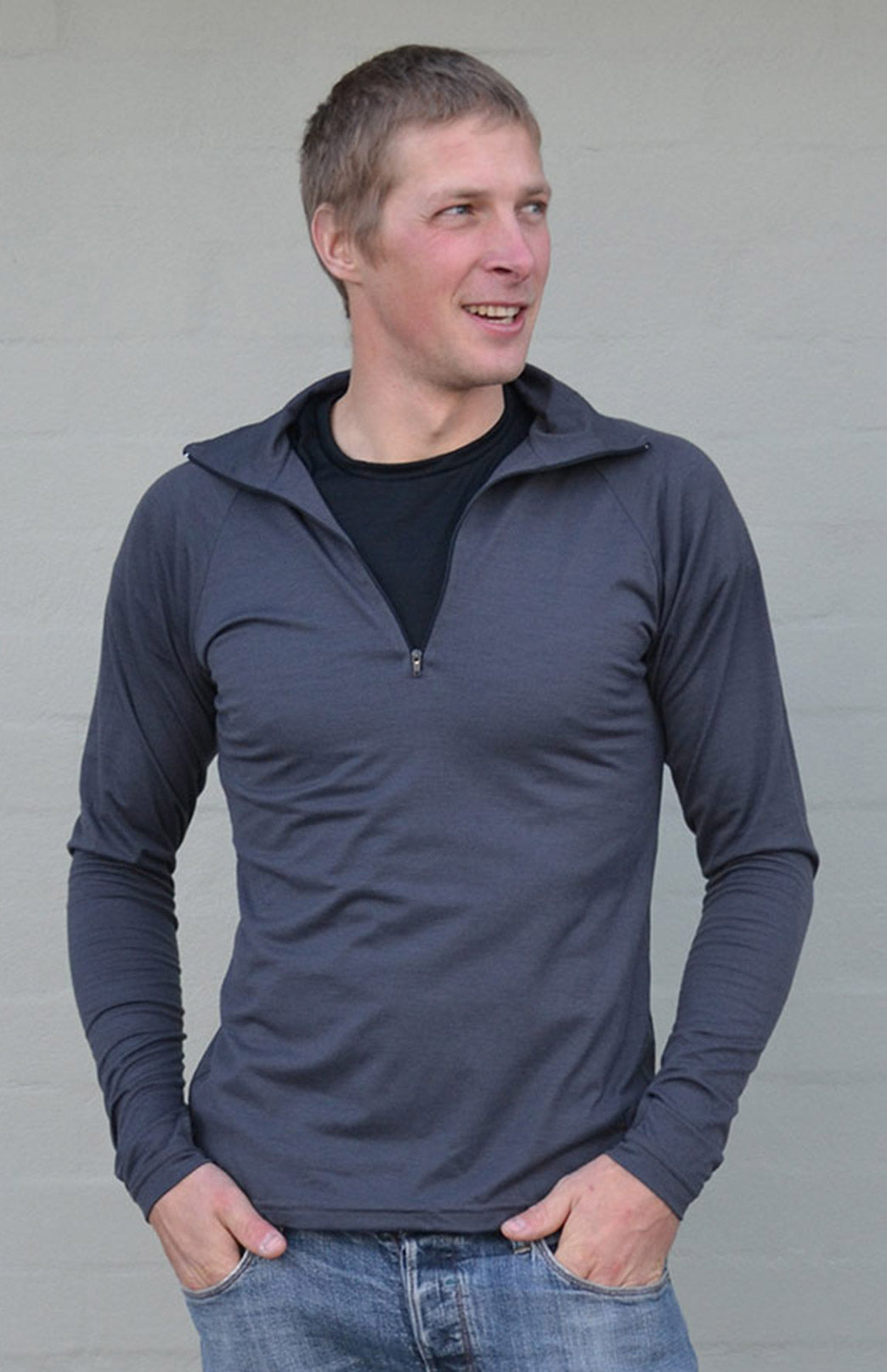 Slate Grey Men's Merino Wool Zip Neck Top