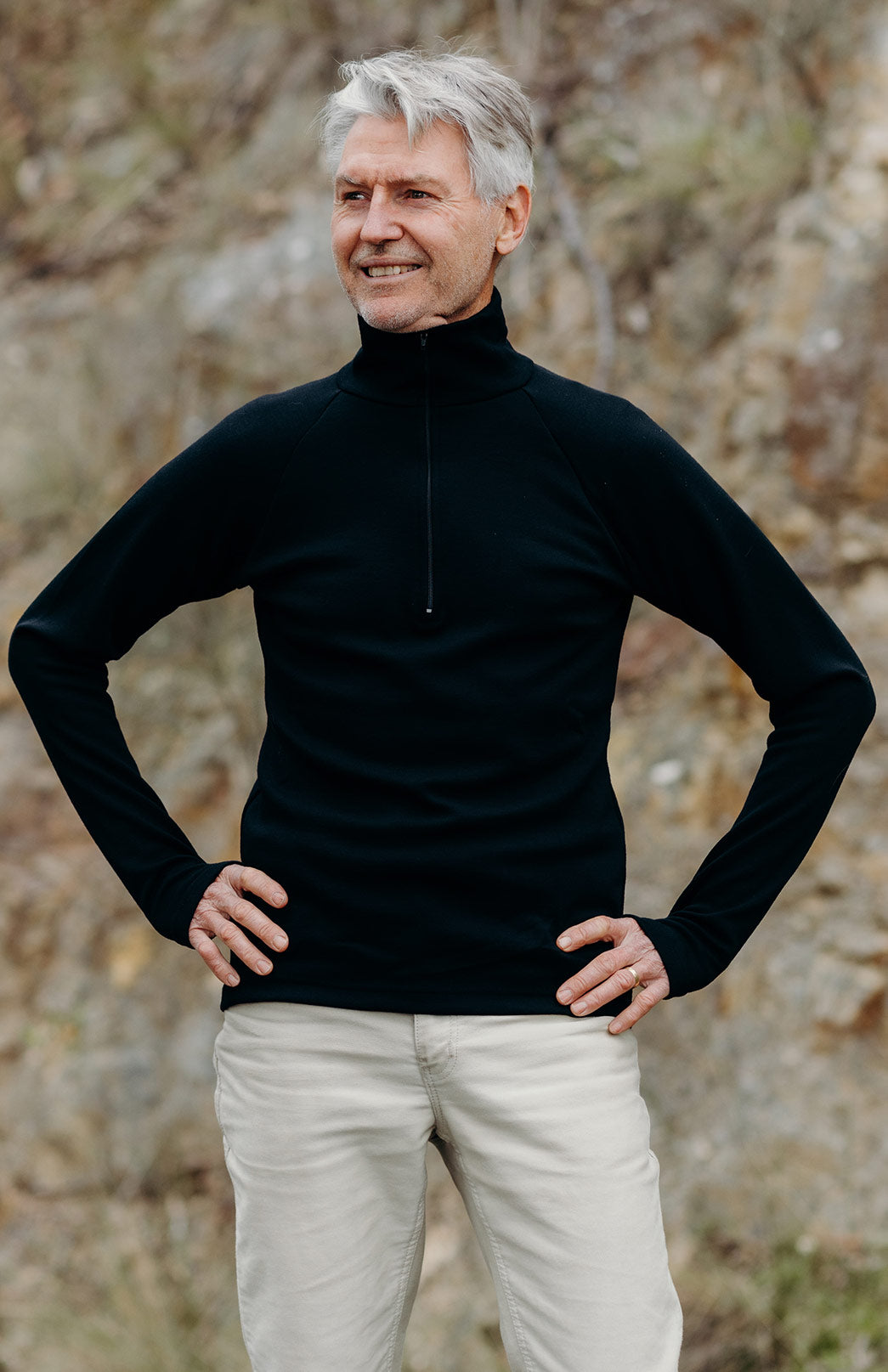 Black Men's Merino Wool Zip Neck Top