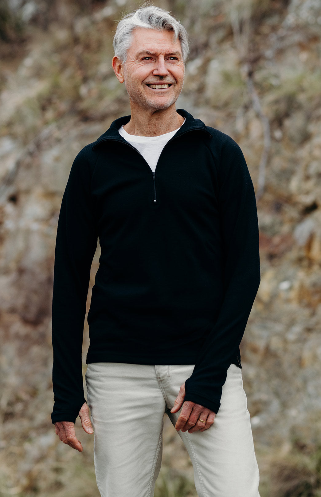 Black Men's Merino Wool Zip Neck Top