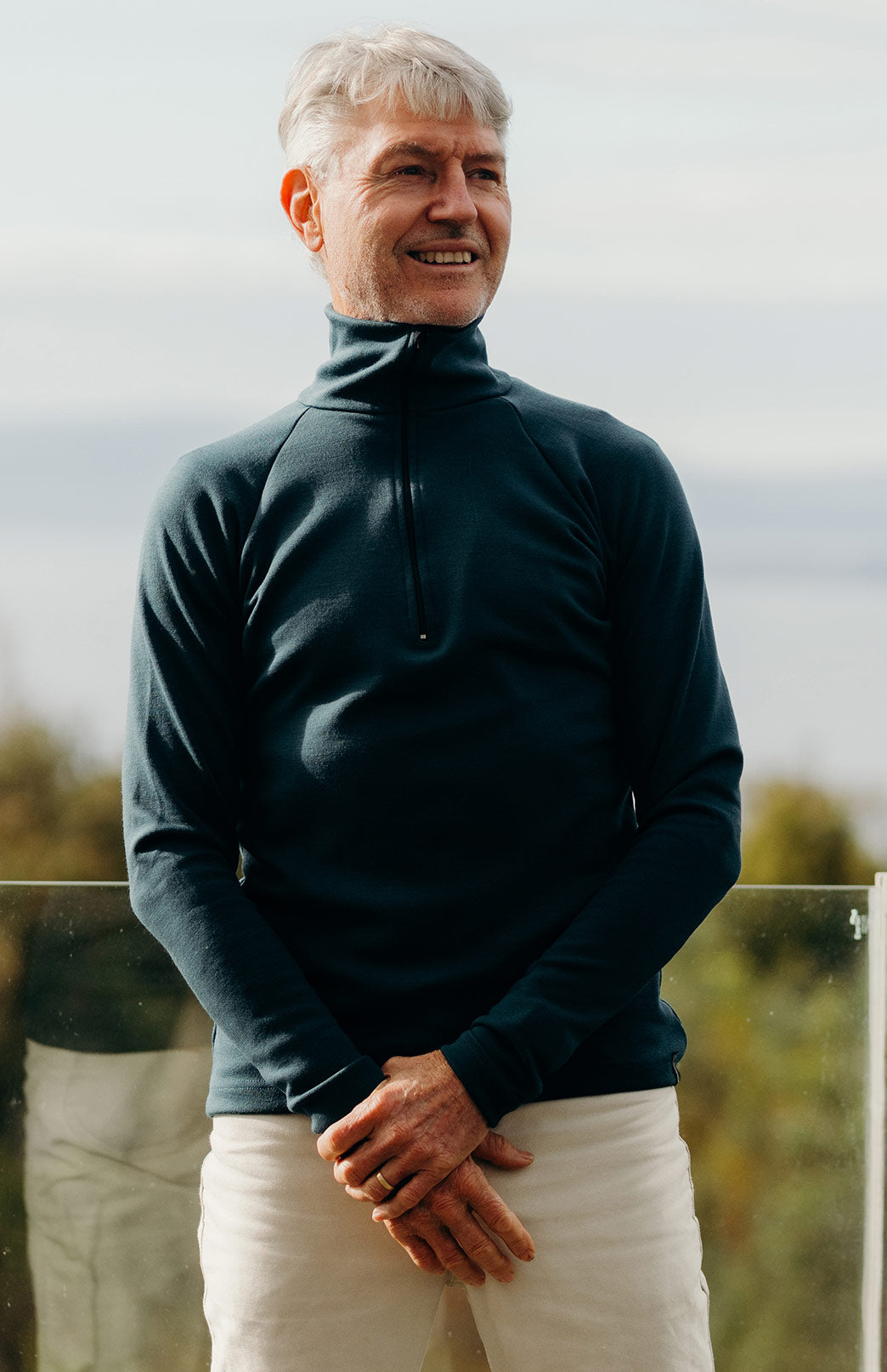 Deep Sea Green Men's Merino Wool Zip Neck Top