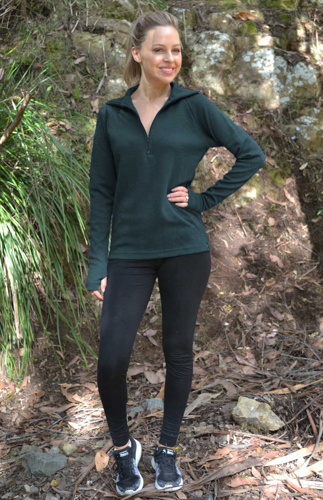 Deep Sea Green Unisex Merino Wool Zip Neck Top
