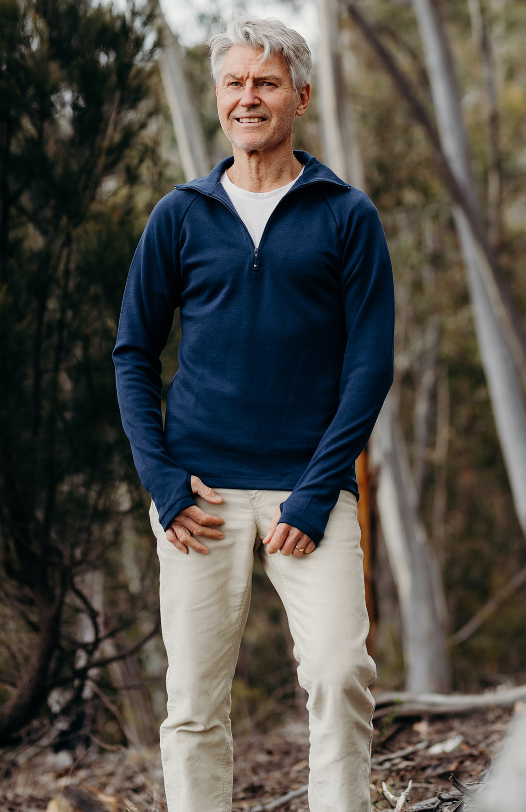 Navy Blue Men's Merino Wool Zip Neck Top