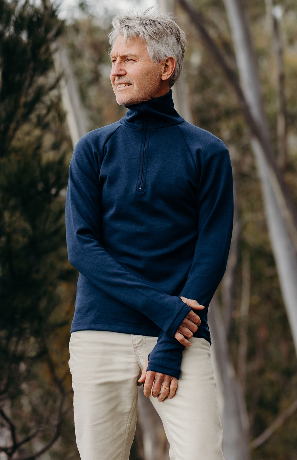 Navy Blue Men's Merino Wool Zip Neck Top
