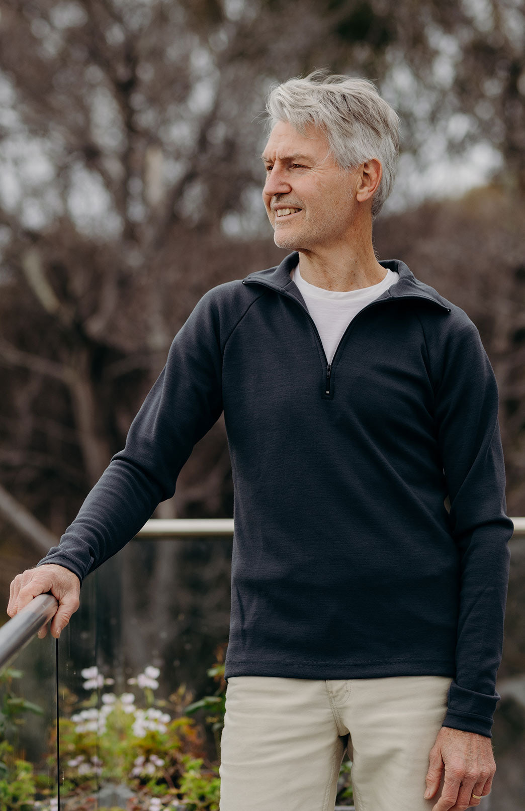 Steel Grey Men's Merino Wool Zip Neck Top