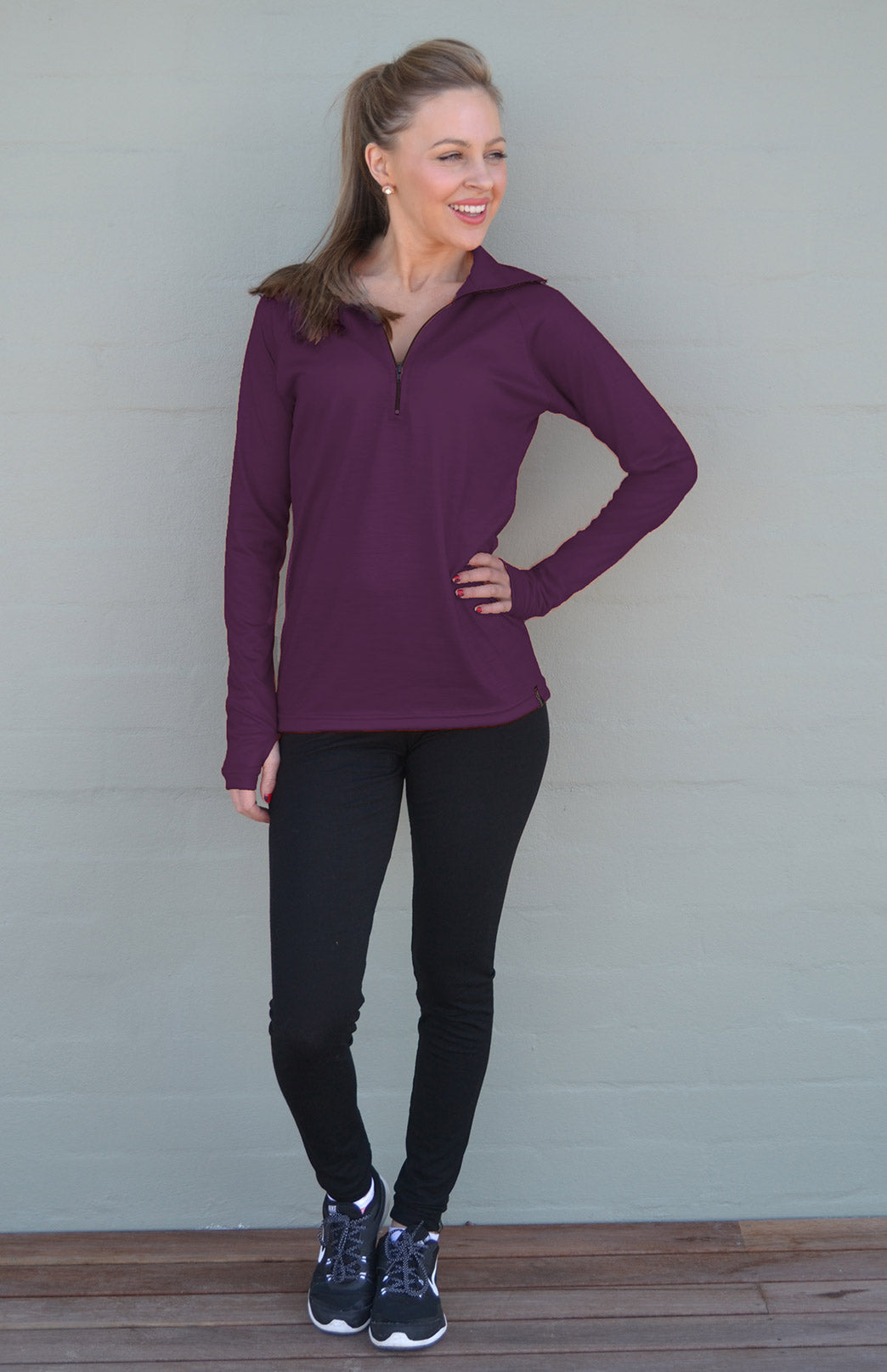Mulberry Purple Women&#39;s Merino Wool Zip Neck Top
