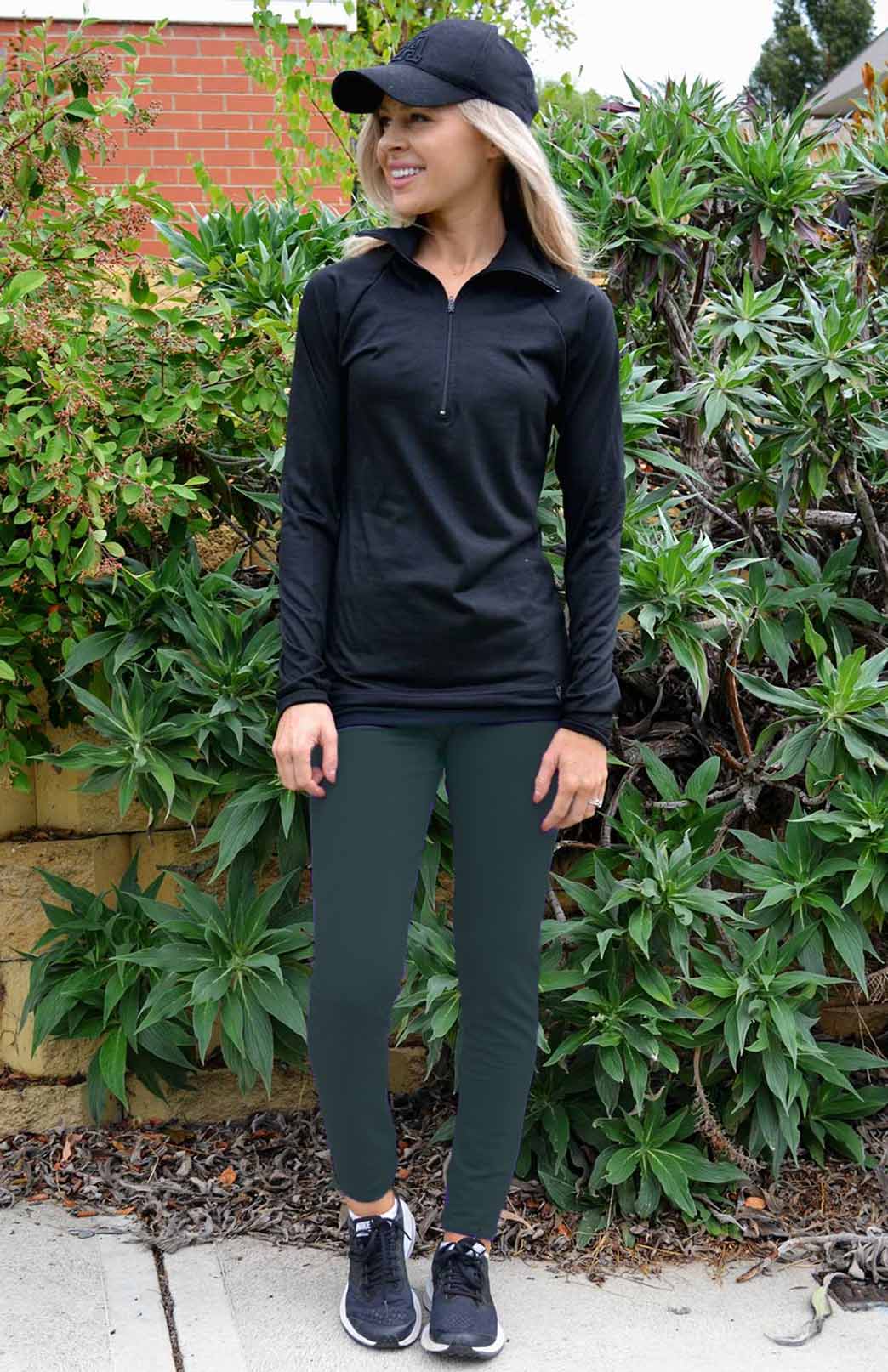 Deep Sea Green Women's Merino Wool 270gsm Fleece High Waisted Thermal Winter Leggings or Yoga Clothing