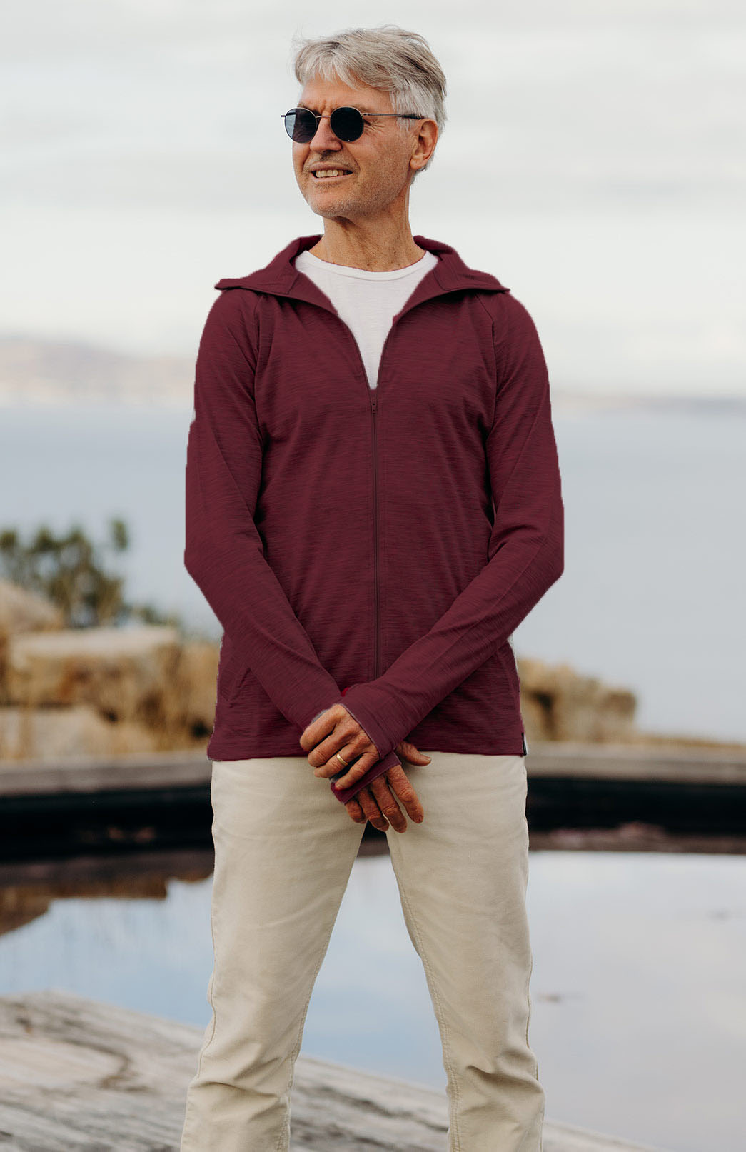 Burgundy Red Men's Merino Wool Zip Top With Pockets