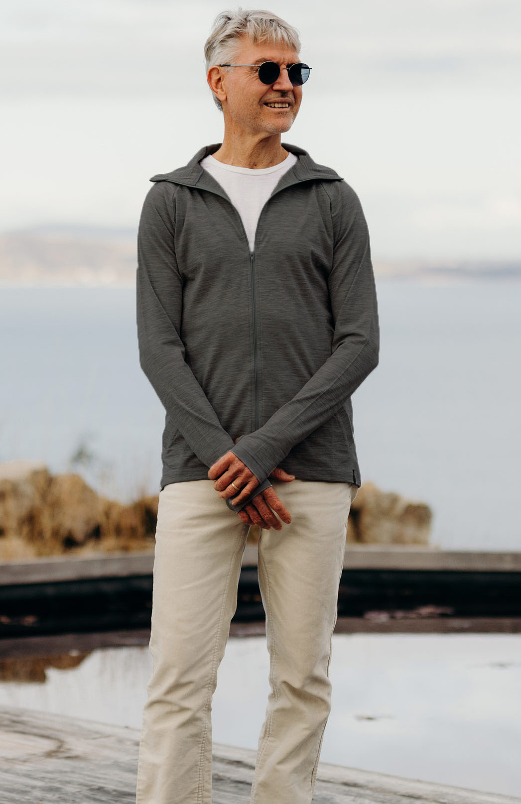 Charcoal Marl Men&#39;s Merino Wool Zip Top With Pockets
