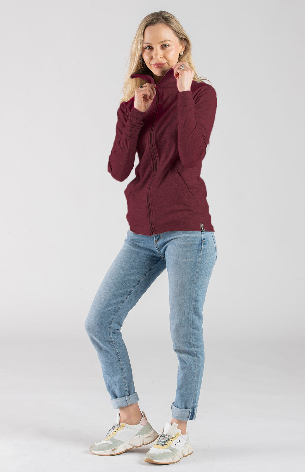 Burgundy Red Women's Merino Wool Zip Top With Pockets