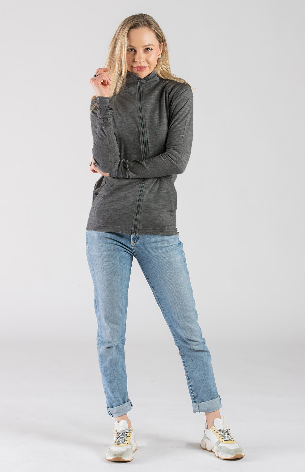 Charcoal Marl Women's Merino Wool Zip Top With Pockets