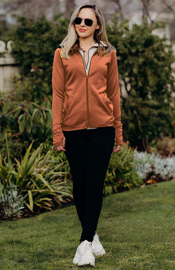 Cinnamon Women's Merino Wool Zip Jacket in Heavyweight 360g Fabric