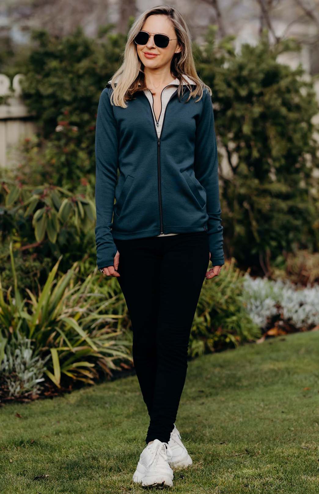 French Navy Blue Women&#39;s Merino Wool Zip Jacket in Heavyweight 360g Fabric
