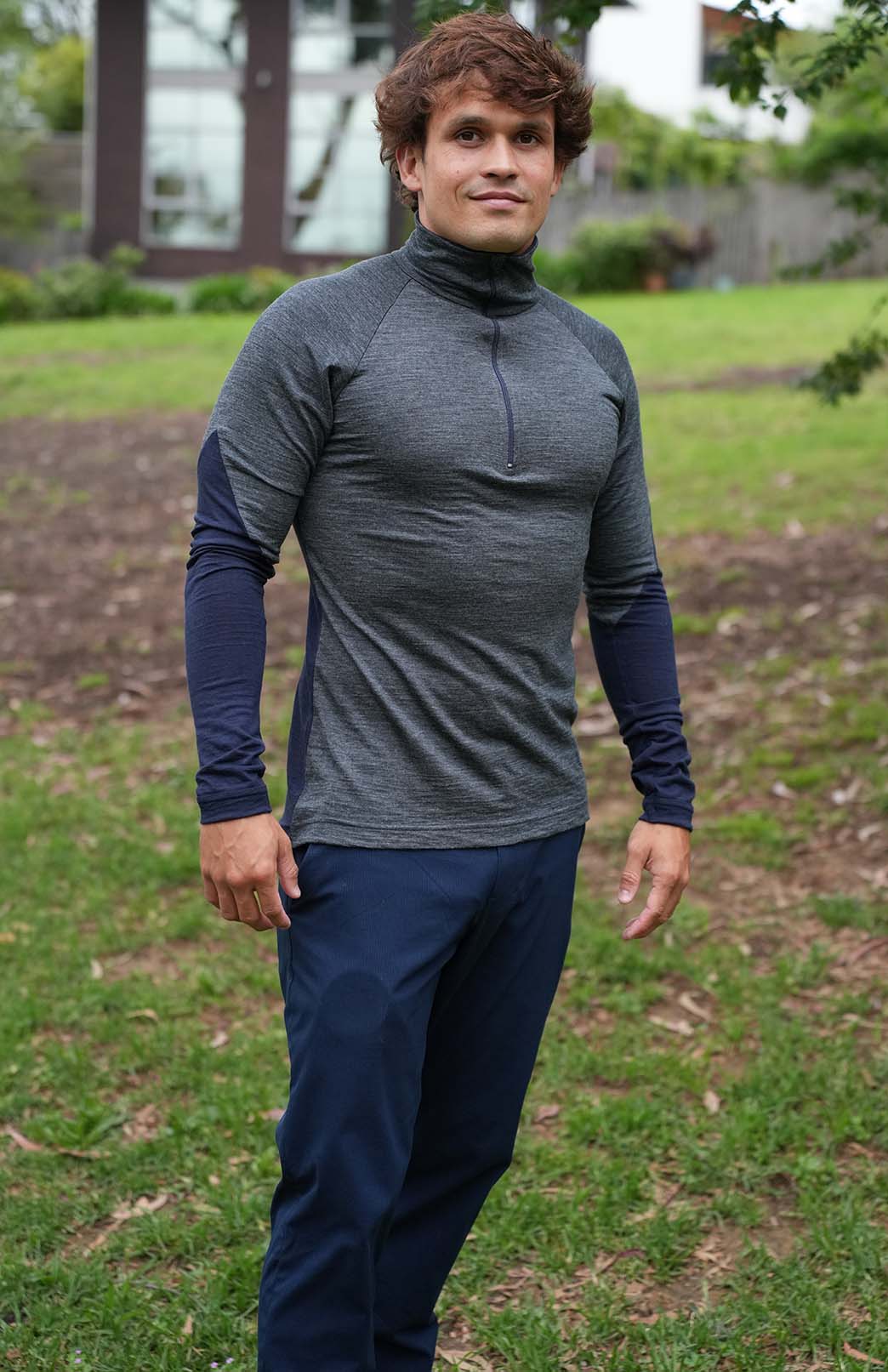 Charcoal Marl & Navy Blue Men's Merino Wool Zip Neck Top