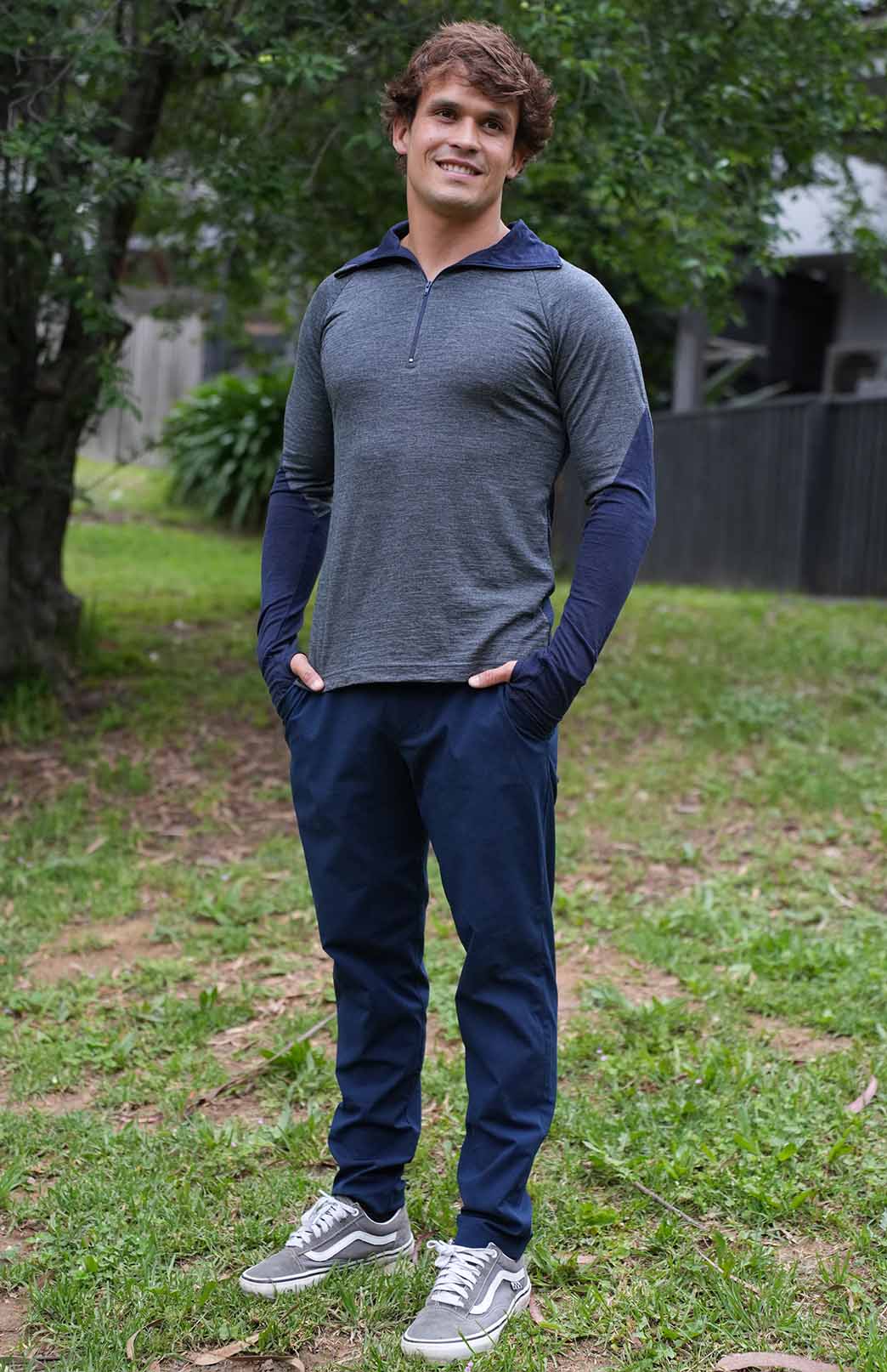 Charcoal Marl & Navy Blue Men's Merino Wool Zip Neck Top