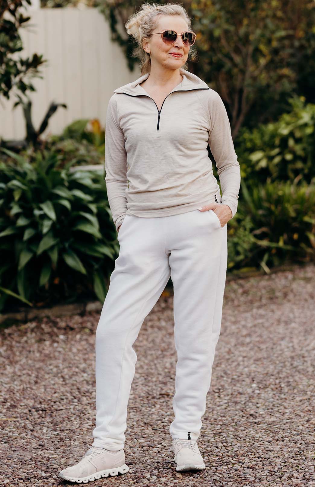 Oatmeal Marl Unisex Merino Wool Zip Neck Top
