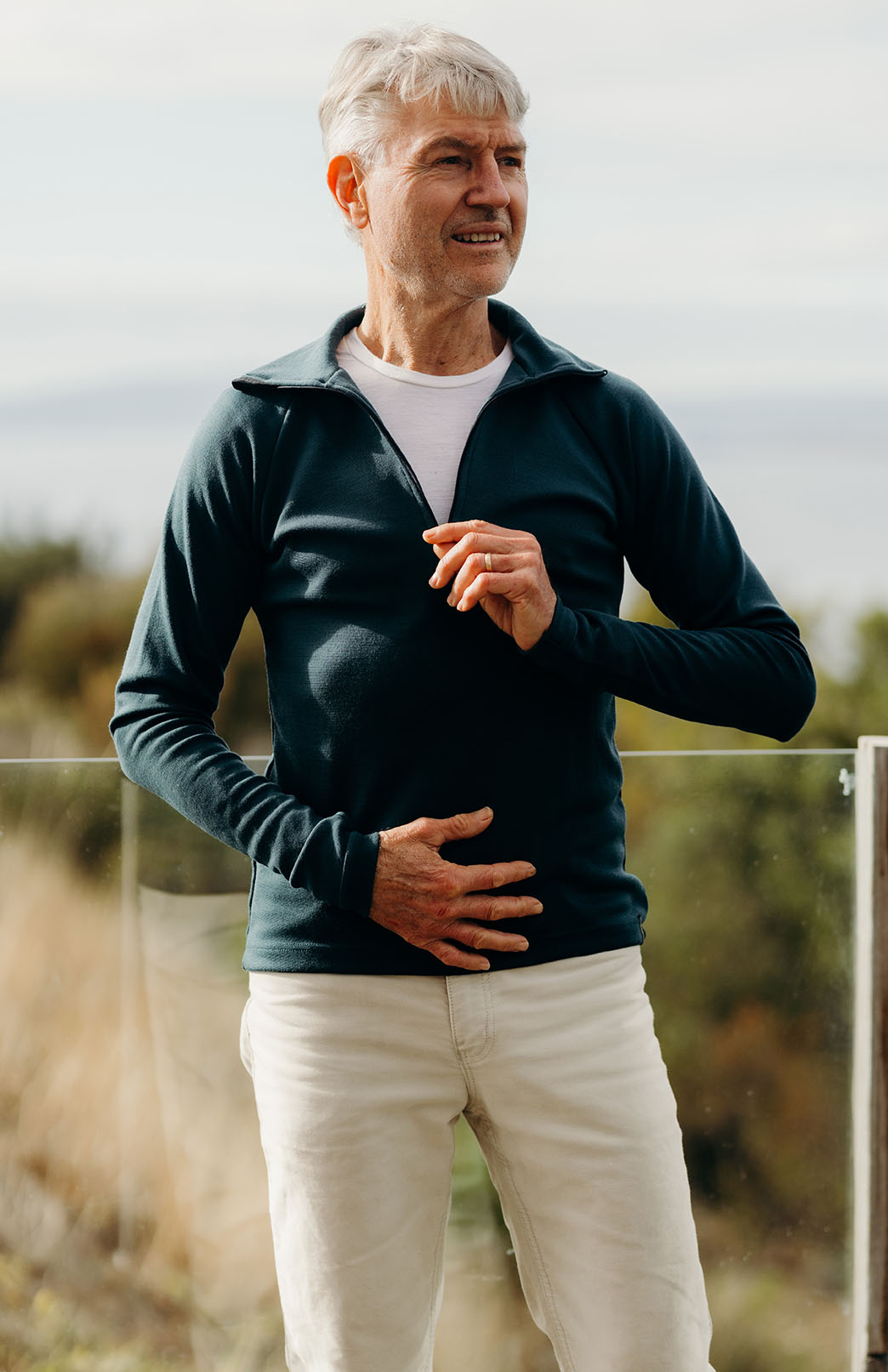 Deep Sea Green Men's Merino Wool Zip Neck Top