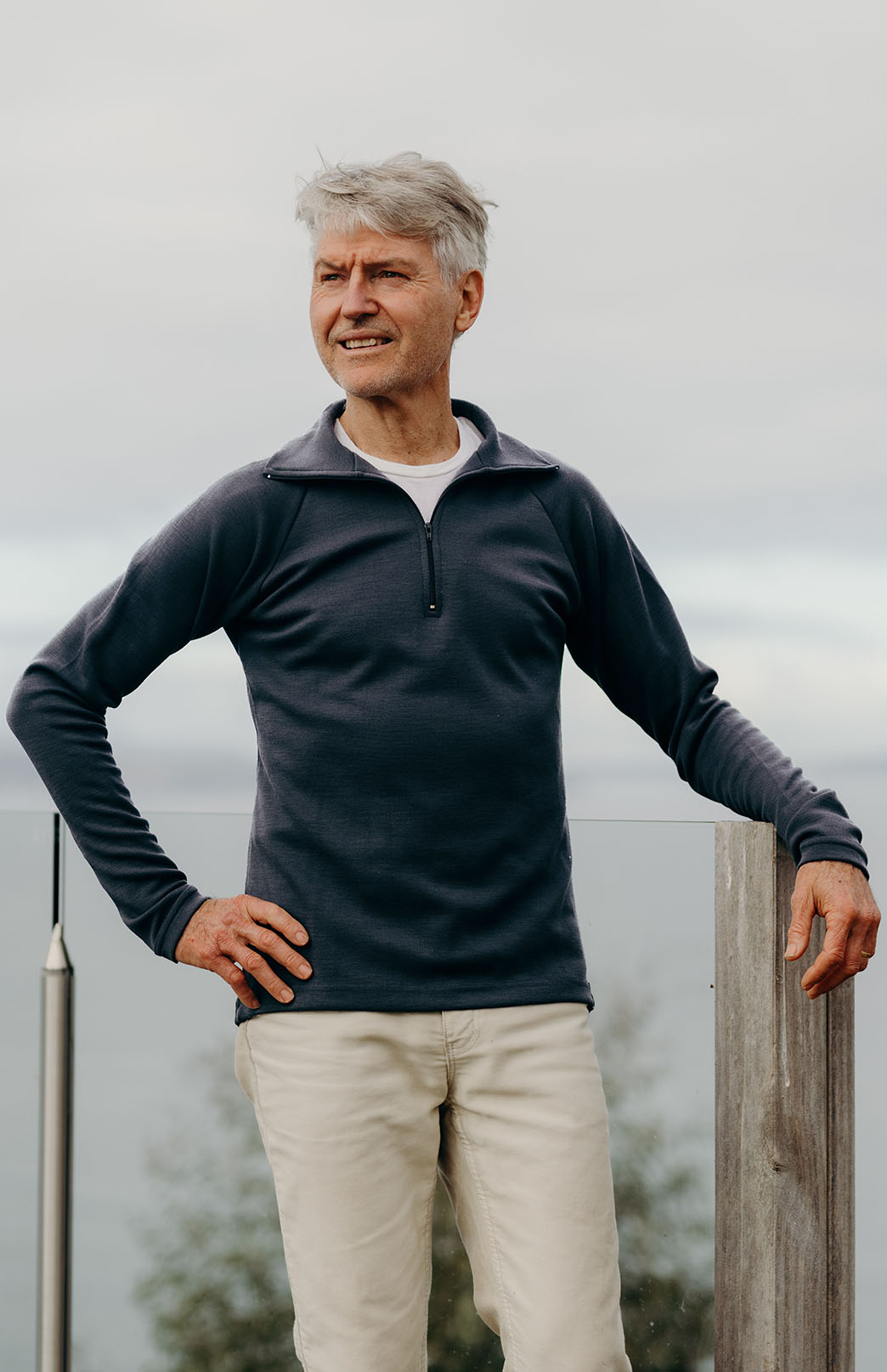 Steel Grey Men's Merino Wool Zip Neck Top