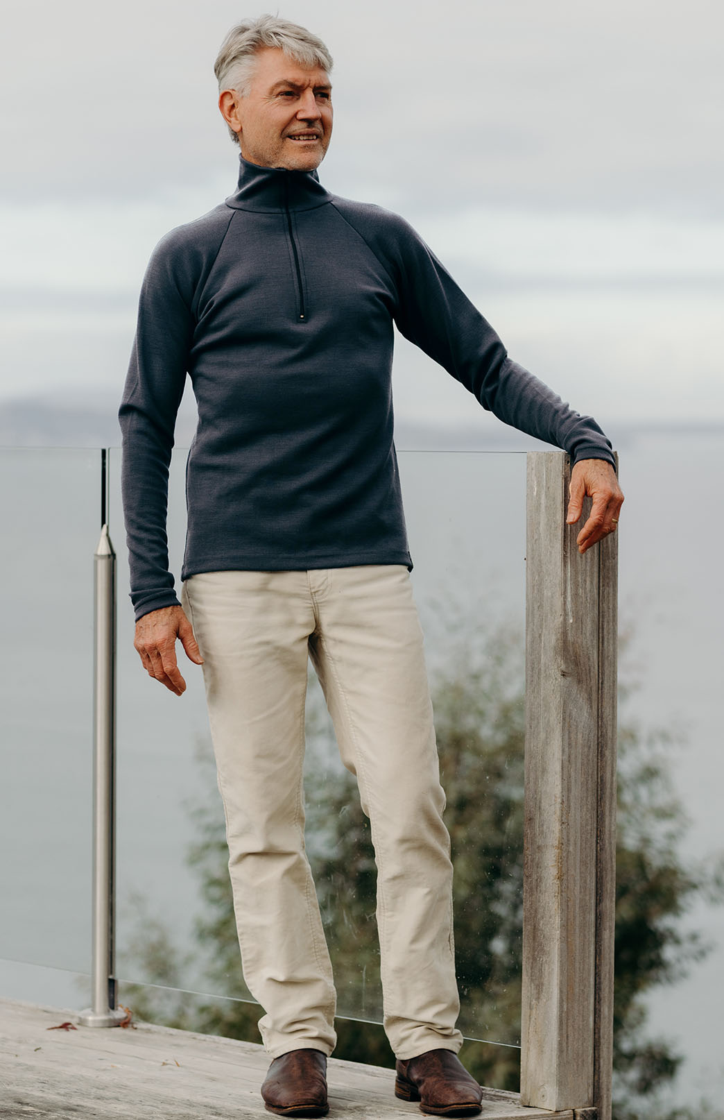 Steel Grey Men's Merino Wool Zip Neck Top