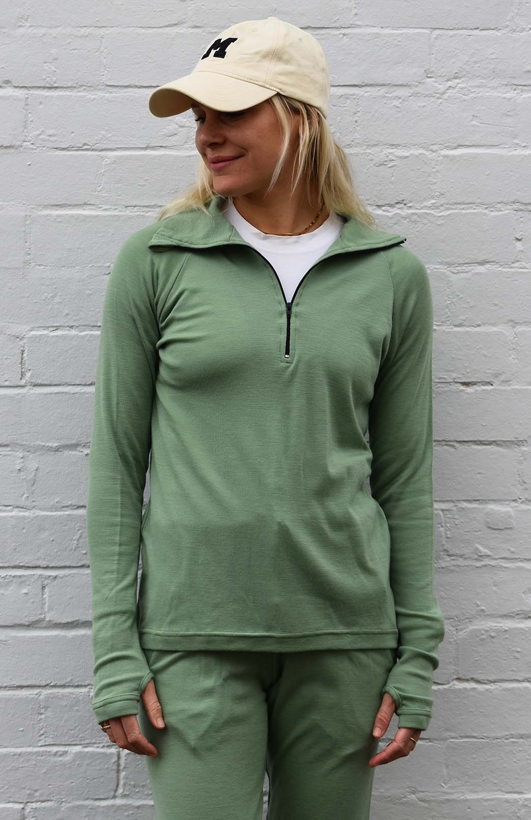 Matcha Green Women's Merino Wool Zip Neck Top