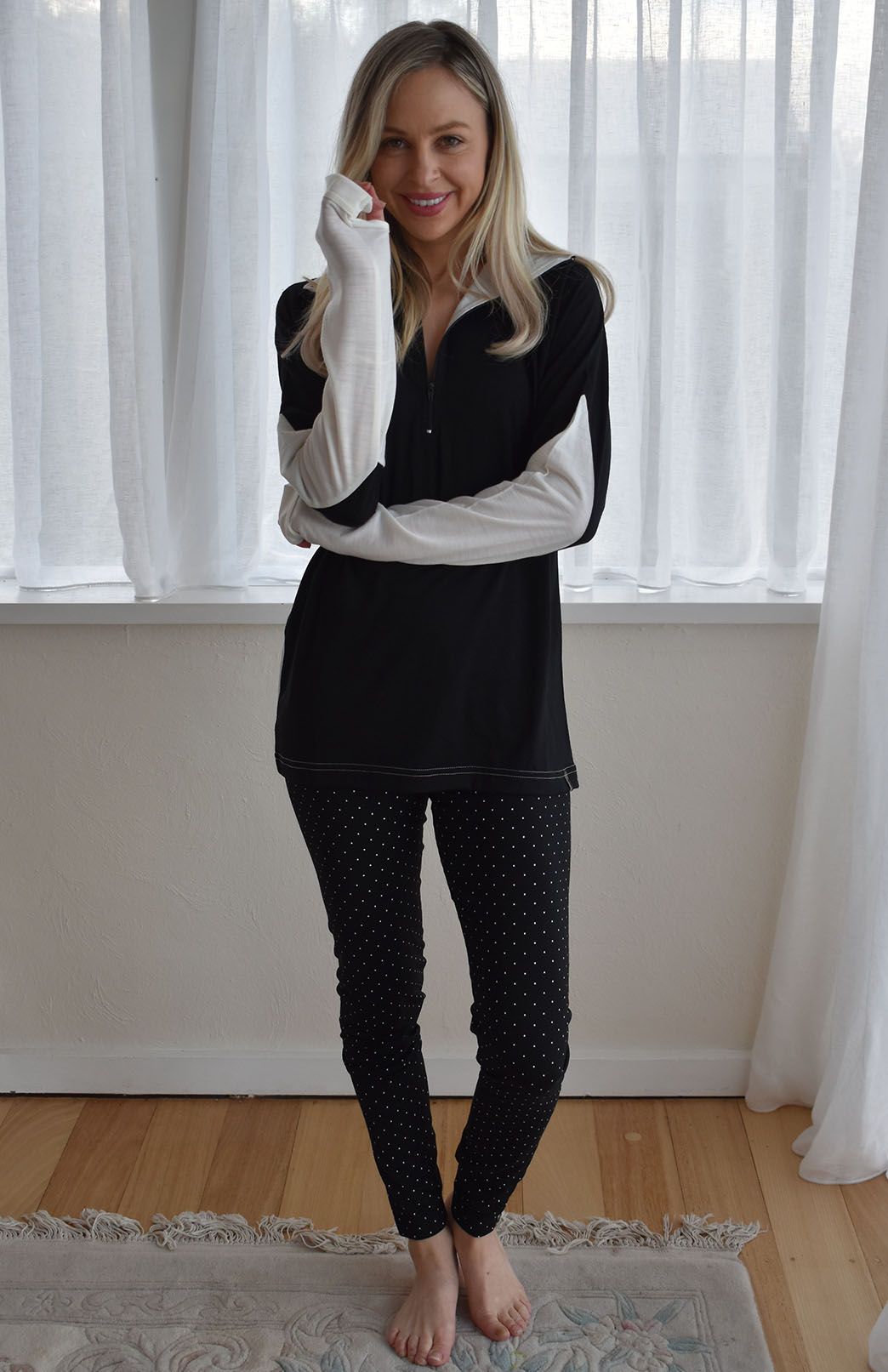Black & Ivory Women's Merino Wool Zip Neck Top