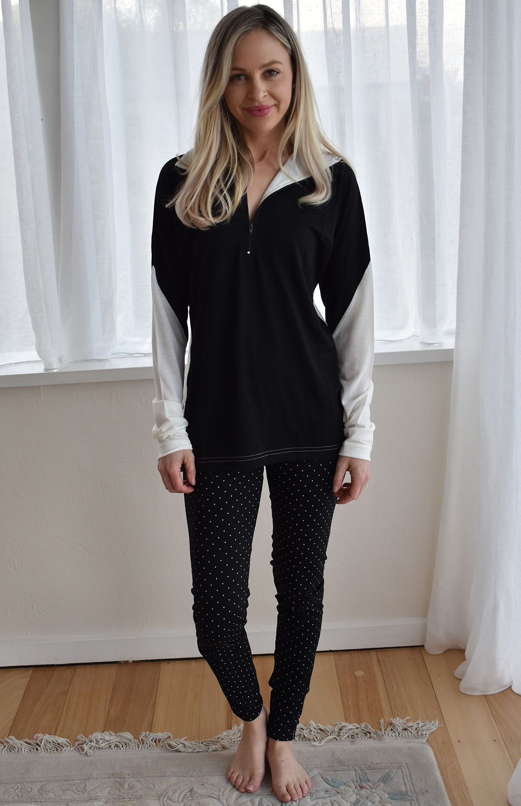 Black & Ivory Women's Merino Wool Zip Neck Top