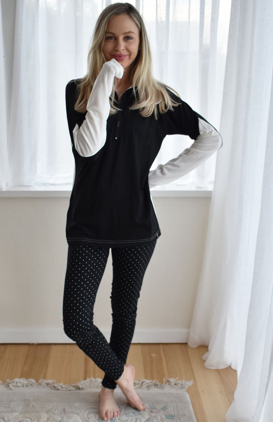 Black & Ivory Women's Merino Wool Zip Neck Top