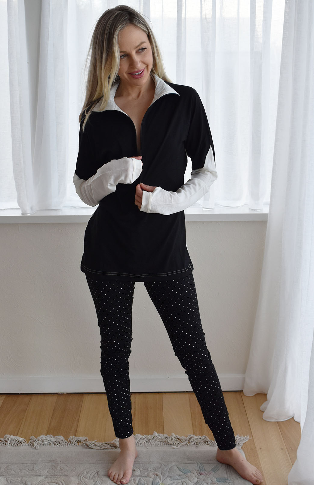 Black & Ivory Women's Merino Wool Zip Neck Top