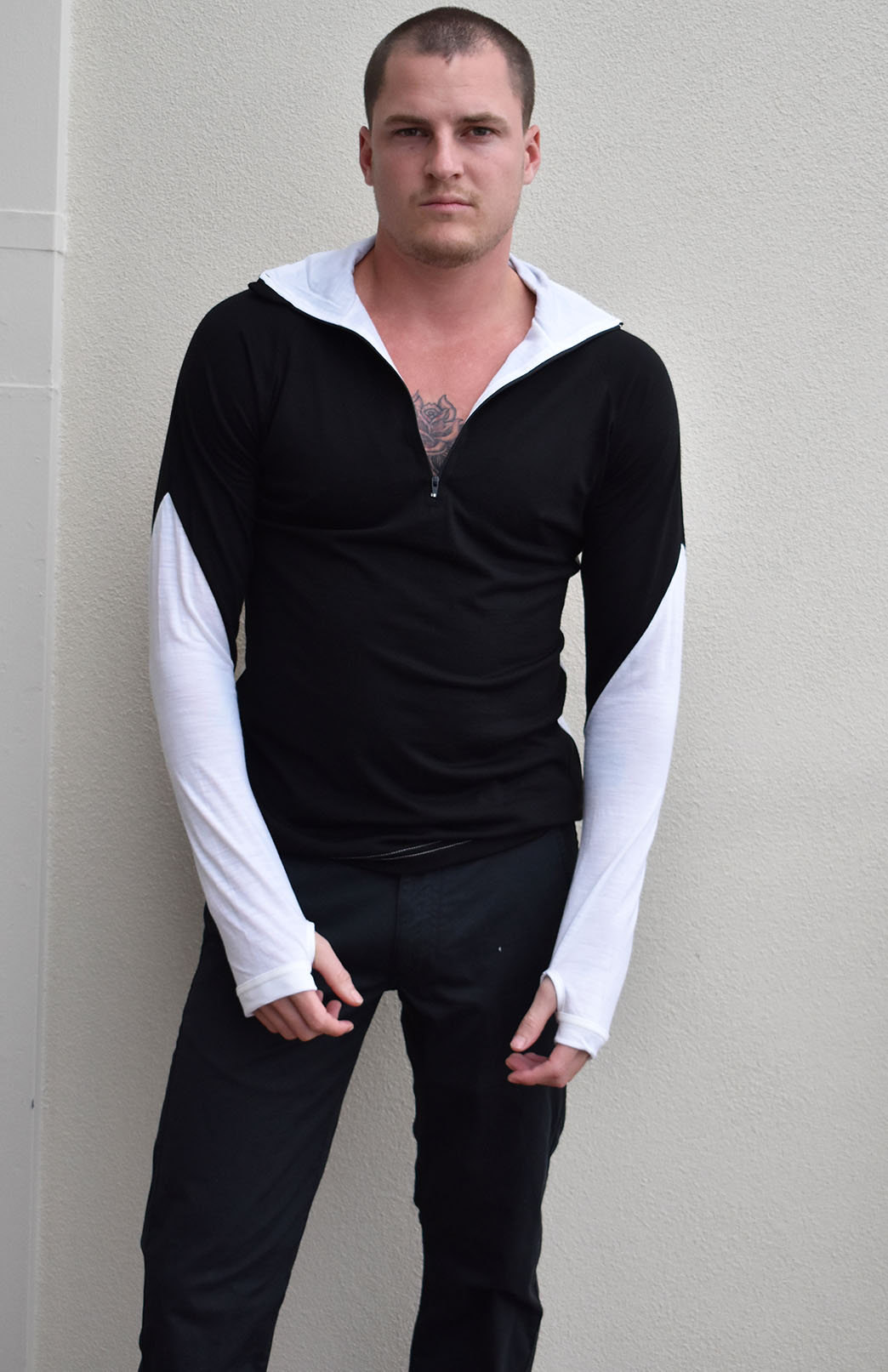 Black & Ivory Men's Merino Wool Zip Neck Top