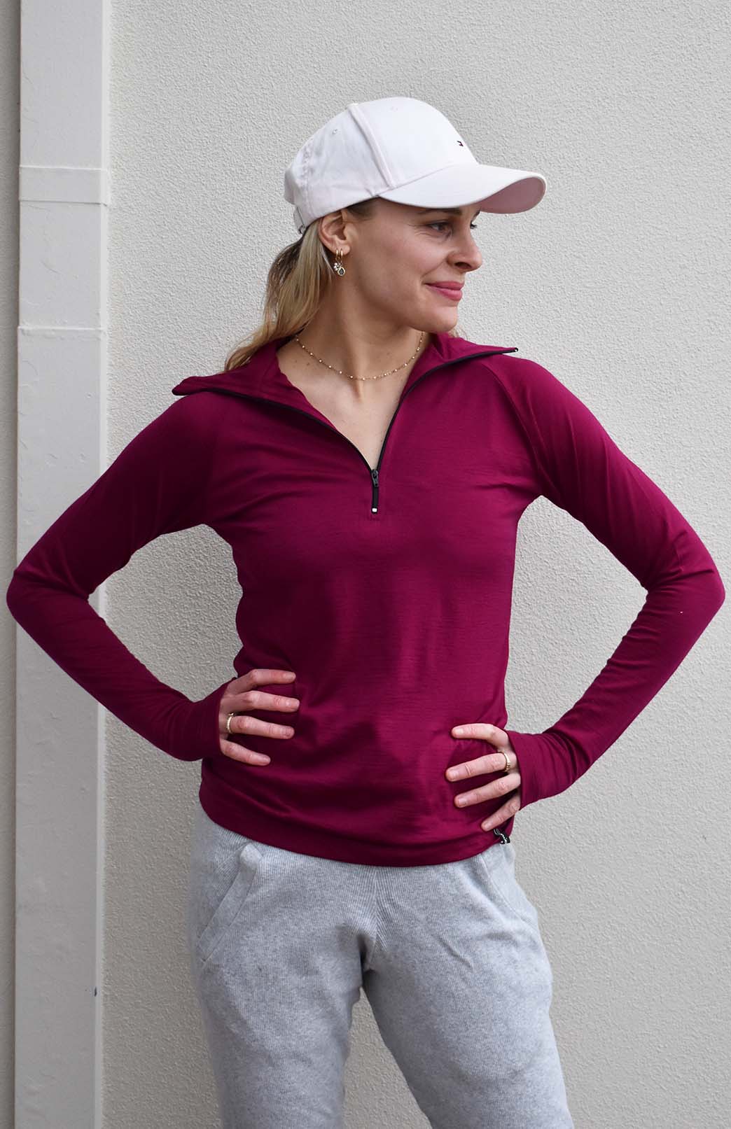 Magenta Women's Merino Wool Zip Neck Top
