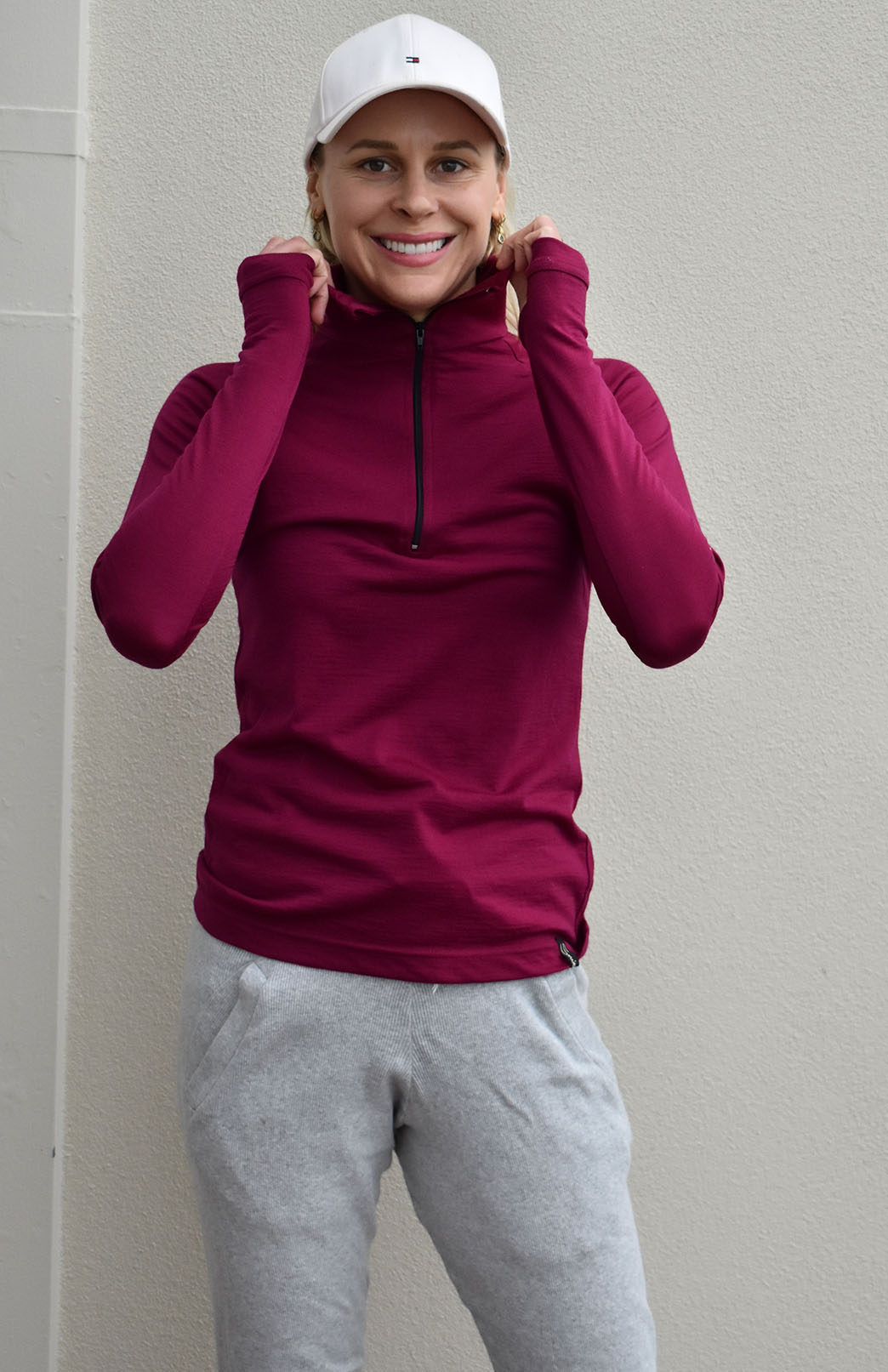 Magenta Women's Merino Wool Zip Neck Top