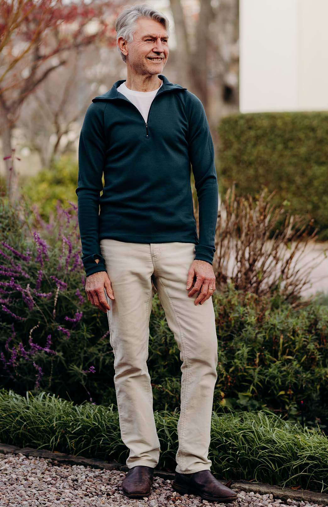 Deep Sea Green Men's Merino Wool Zip Neck Top