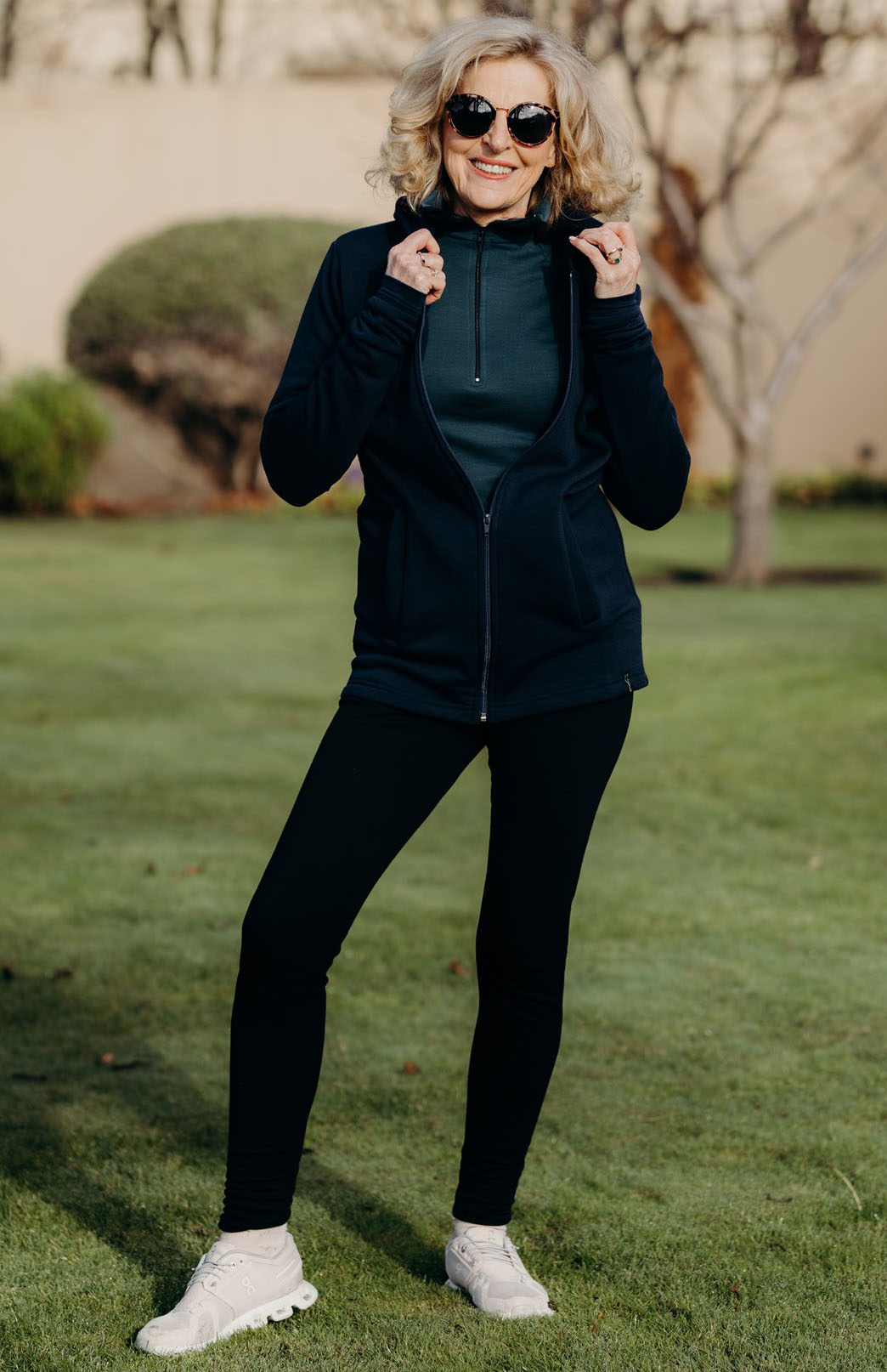 Navy Blue Women's Merino Wool Fleece Jacket with Hood