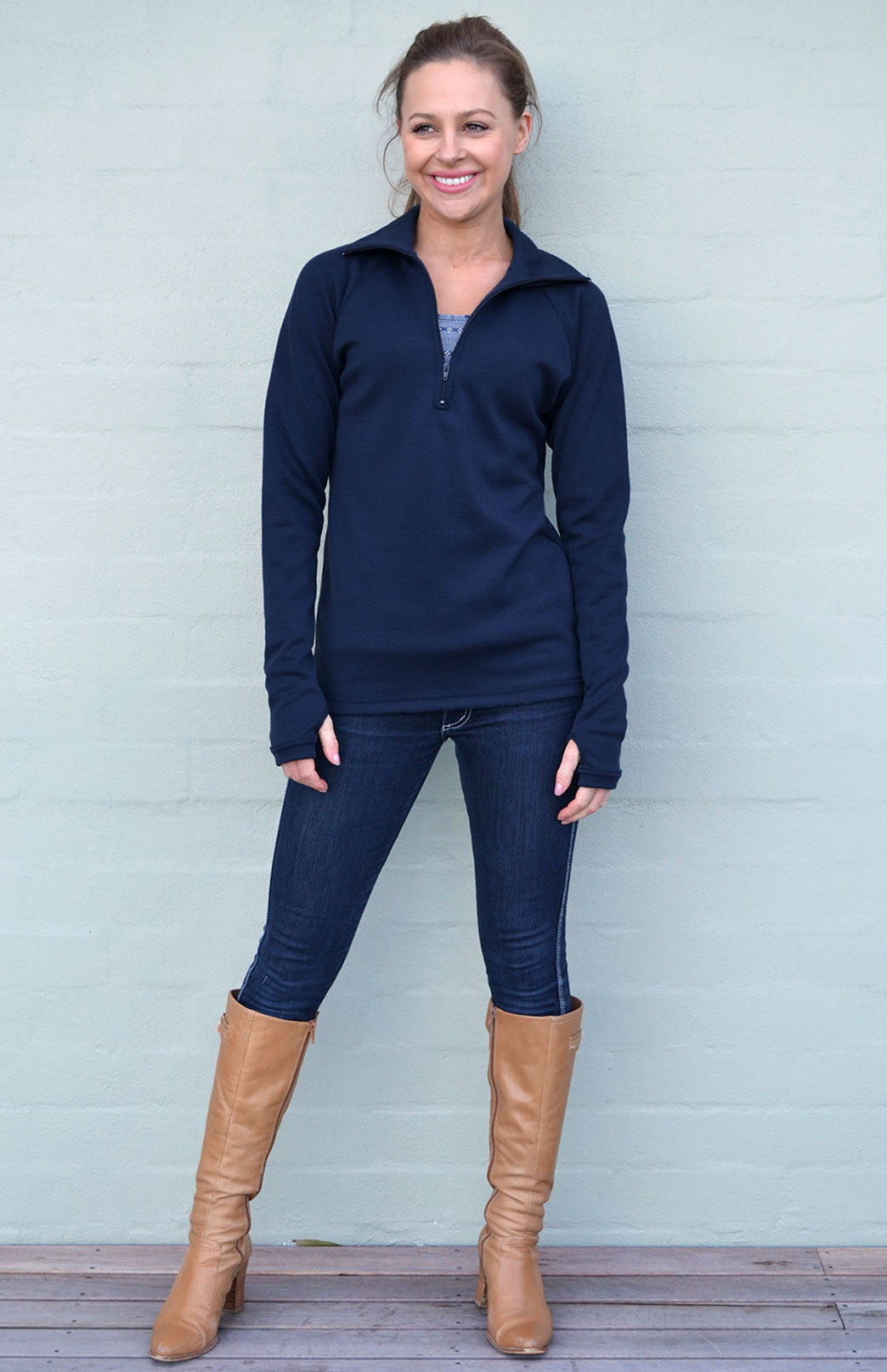 French Navy Blue Women's Merino Wool Zip Neck Top