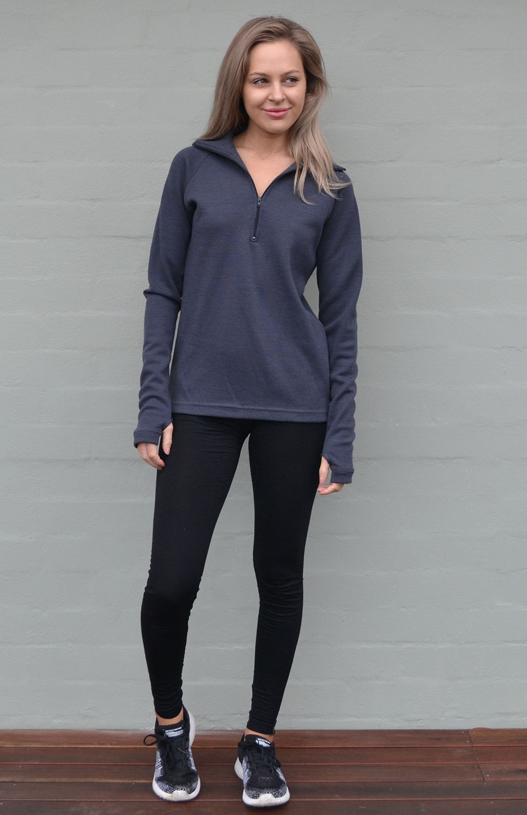 Steel Grey Women's Merino Wool Zip Neck Top
