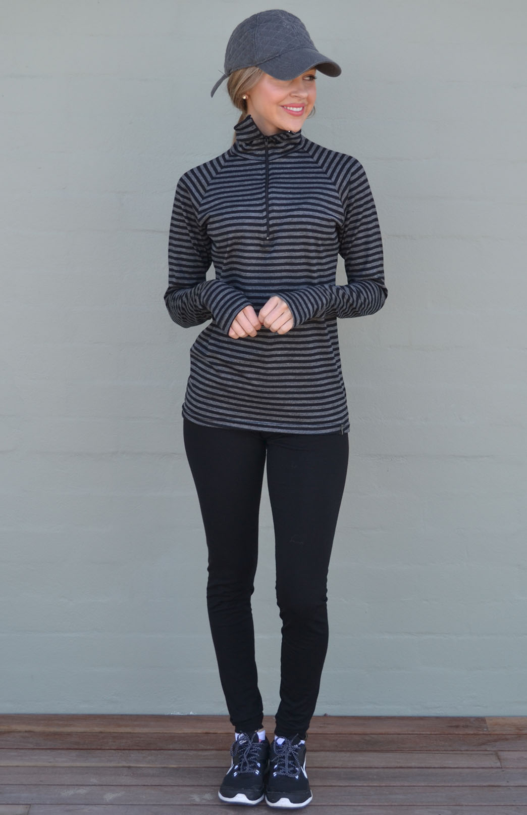 Black and Grey Stripe Women's Merino Wool Zip Neck Top