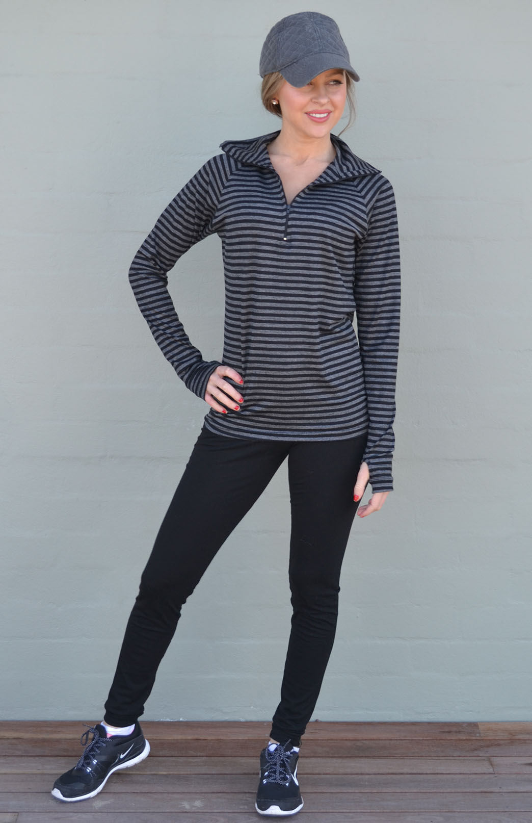 Black and Grey Stripe Women's Merino Wool Zip Neck Top
