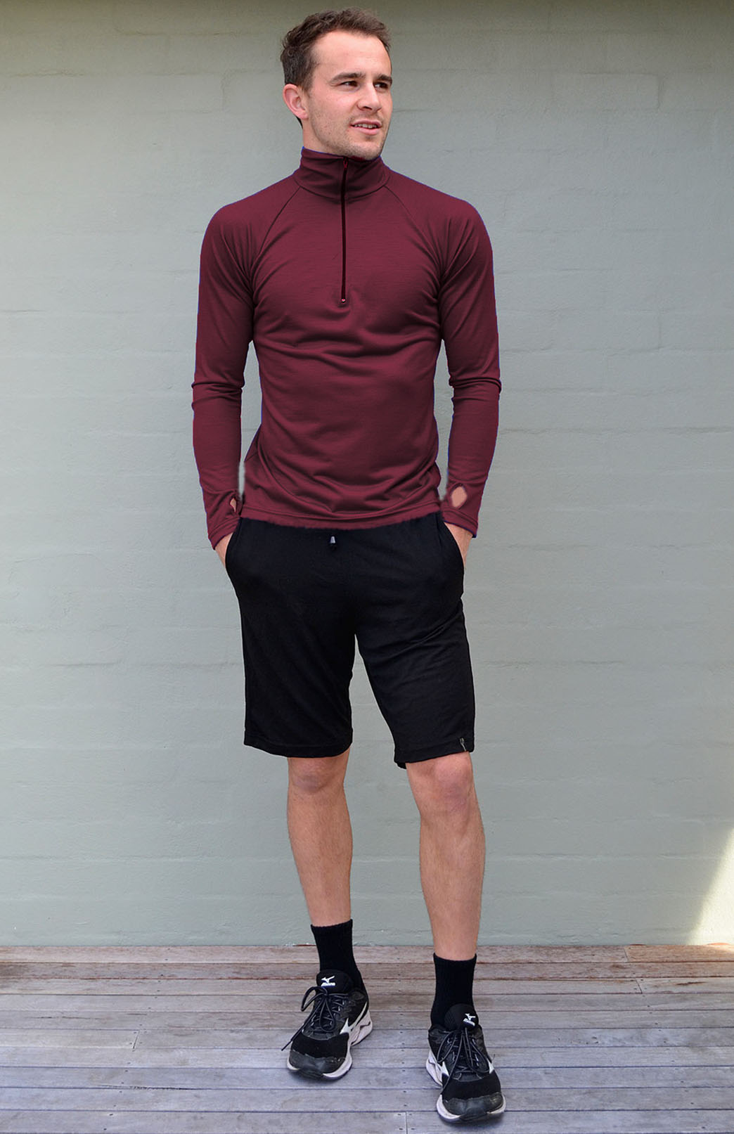 Burgundy Red Men's Merino Wool Zip Neck Top