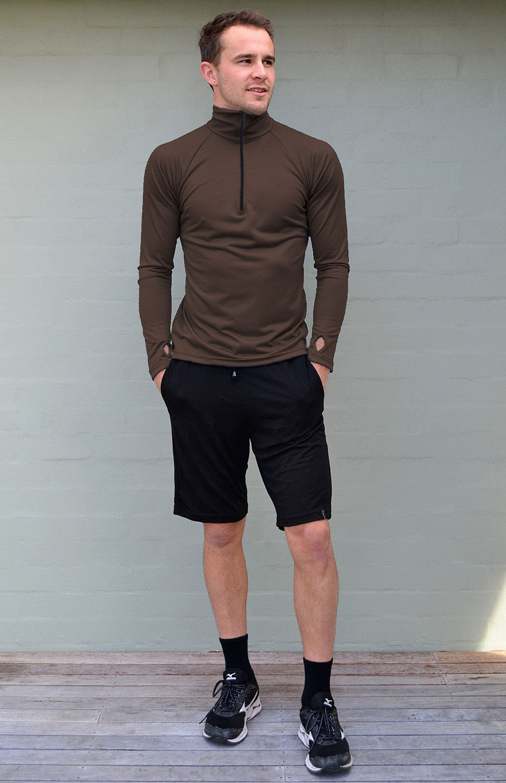 Chocolate Men's Merino Wool Zip Neck Top

