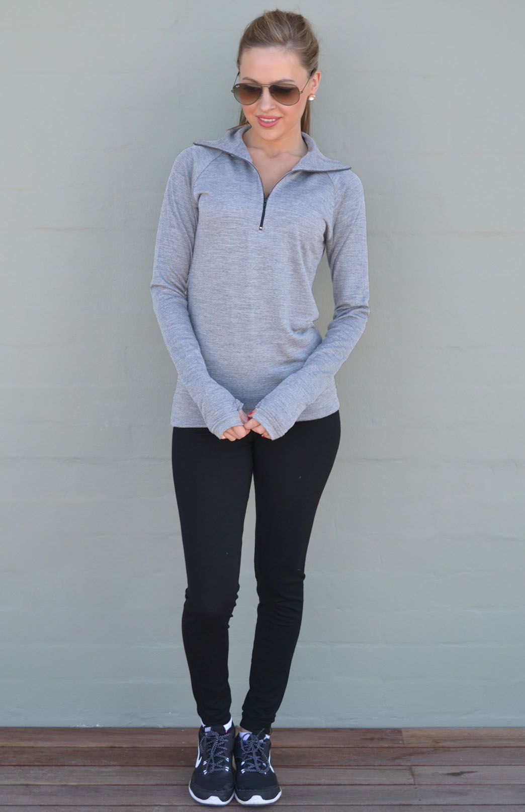 Light Grey Marl Women's Merino Wool Zip Neck Top
