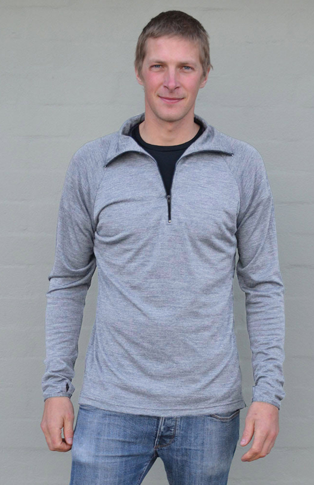 Light Grey Marl Men's Merino Wool Zip Neck Top

