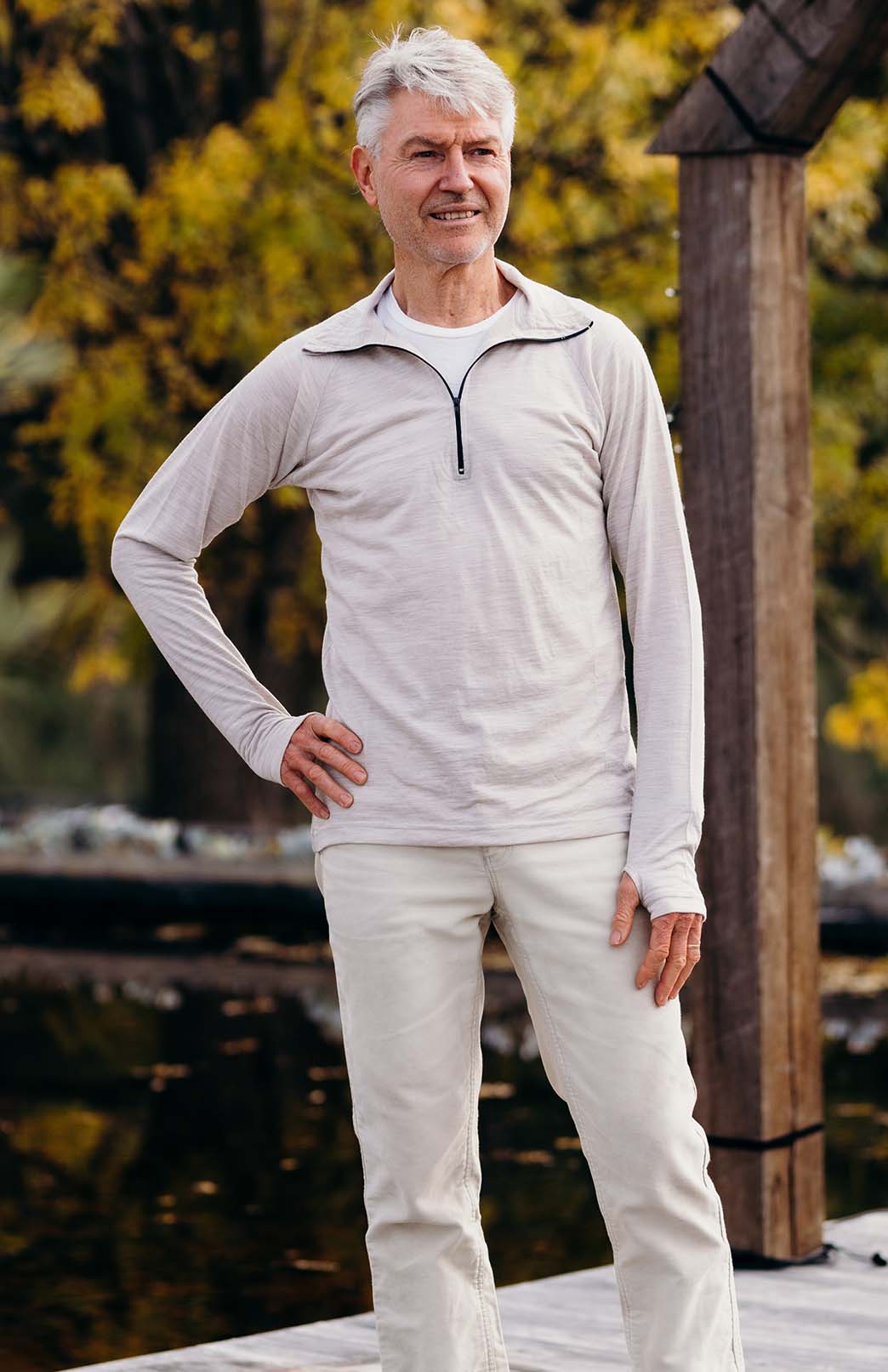 Oatmeal Marl Unisex Merino Wool Zip Neck Top
